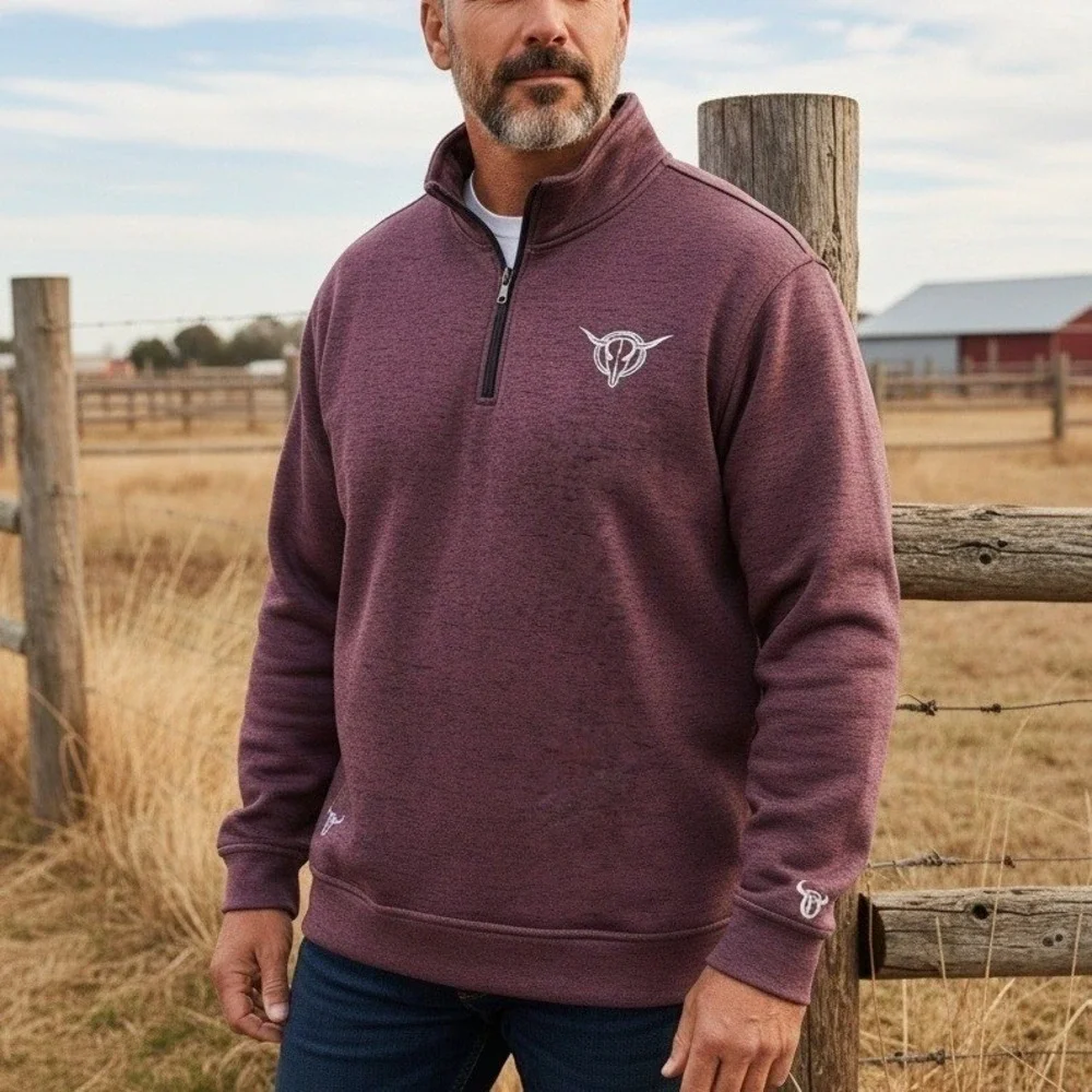 Cowboy Hardware Quarter Zip Pullover XXL Burgundy Heathered‎ Logo Western Fleece